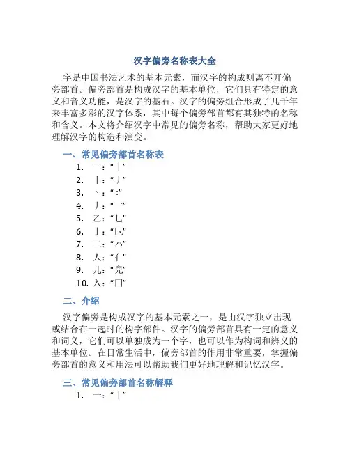 汉字偏旁名称表大全
