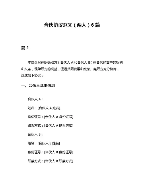 合伙协议范文(两人)6篇