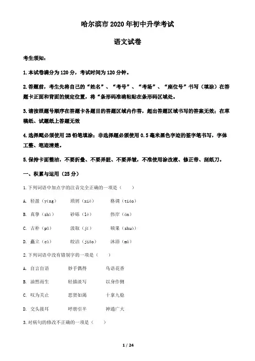 黑龙江省哈尔滨市2020年中考语文试 题(含答案与解析)