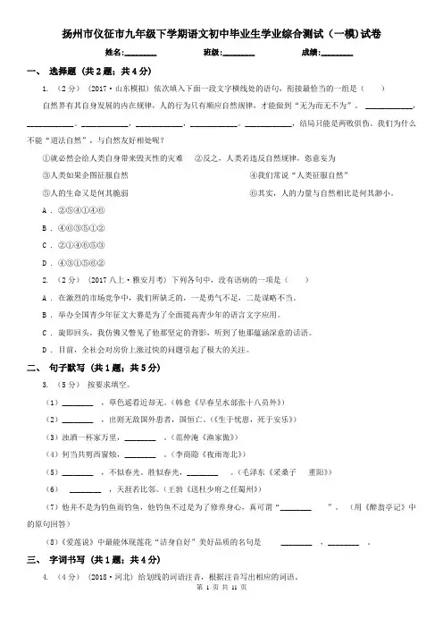 扬州市仪征市九年级下学期语文初中毕业生学业综合测试(一模)试卷