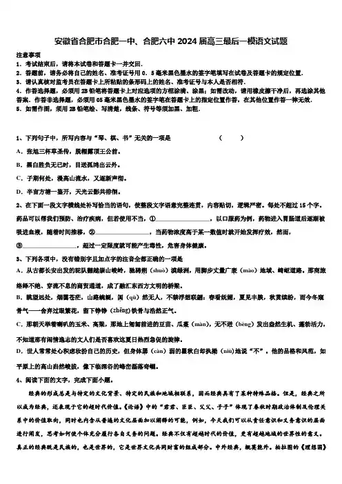 安徽省合肥市合肥一中、合肥六中2024届高三最后一模语文试题含解析
