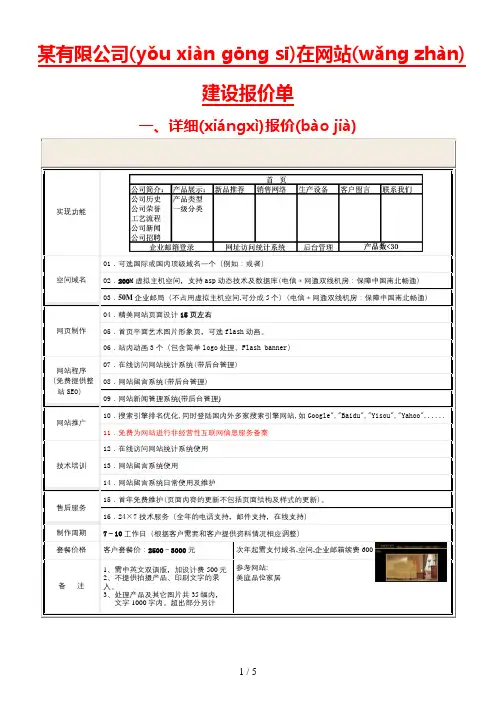 某有限在公司网站建设报价单
