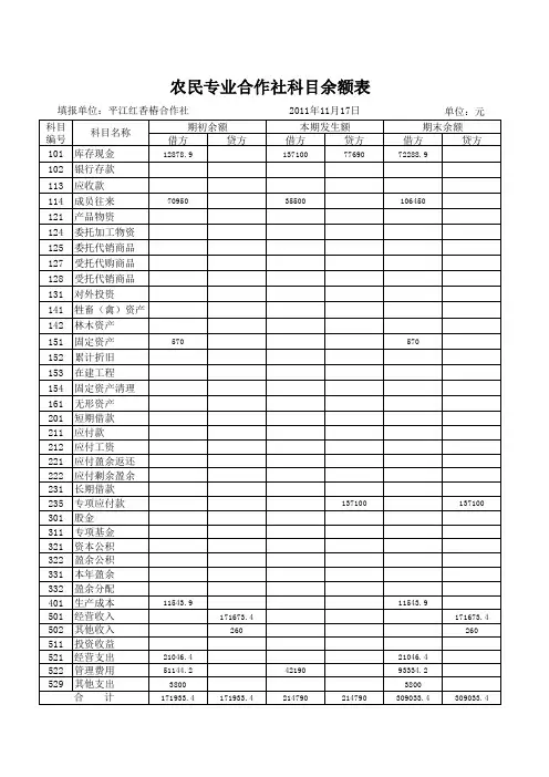 农民专业合作社-科目余额表竖表EXCEL模板