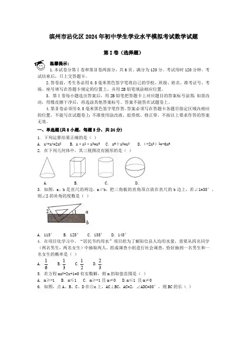 山东省滨州市沾化区2024年初中学生学业水平模拟考试数学试题(含答案)