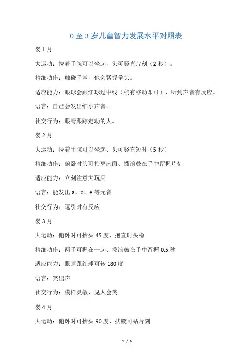 《0至3岁儿童智力发展水平对照表》