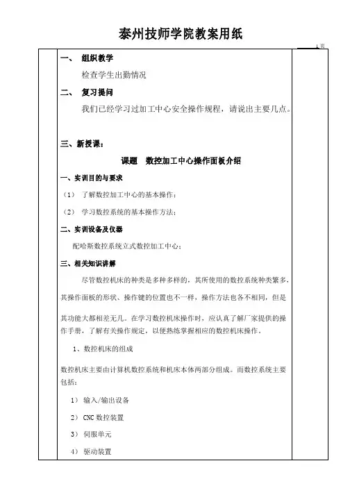 哈斯加工中心面板操作教案