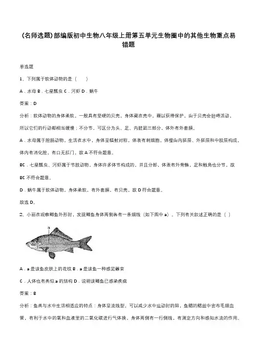部编版初中生物八年级上册第五单元生物圈中的其他生物重点易错题
