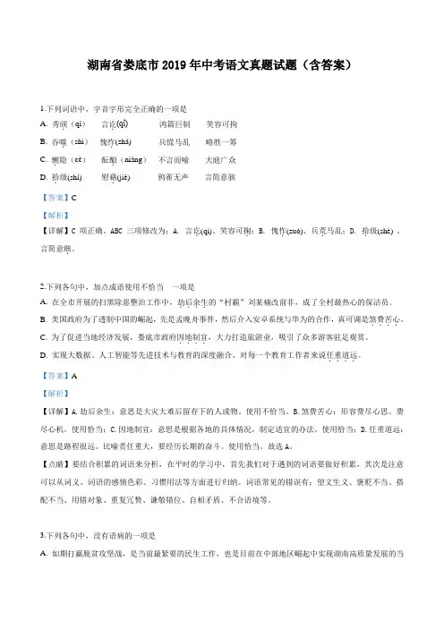 湖南省娄底市2019年中考语文真题试题(含答案)