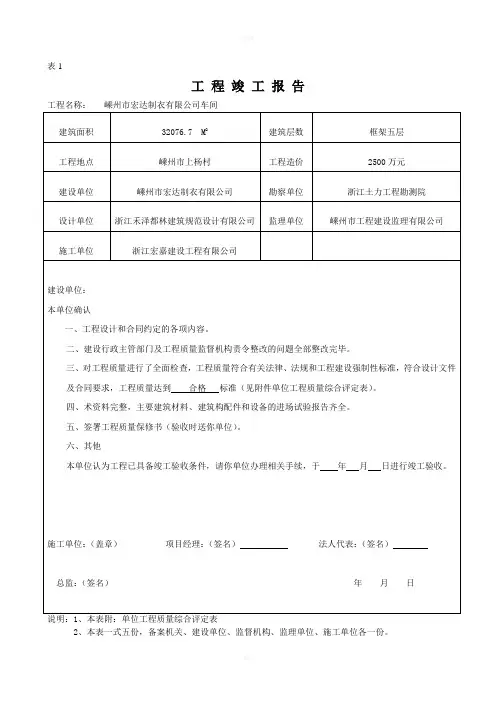 工程竣工验收10份表格