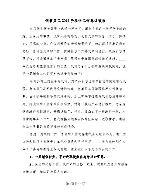 销售员工2024阶段性工作总结模板(6篇)
