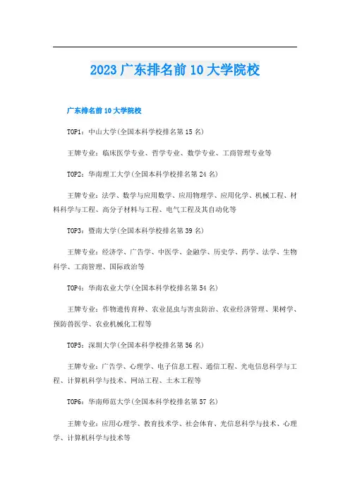 2023广东排名前10大学院校