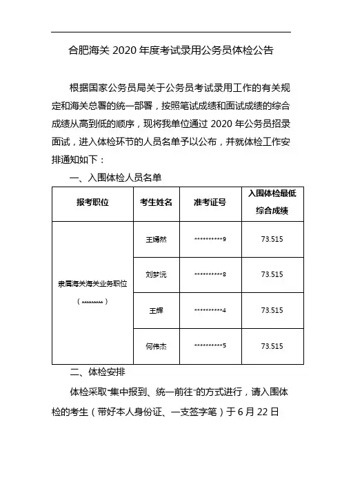 合肥海关2020年度考试录用公务员体检公告【模板】