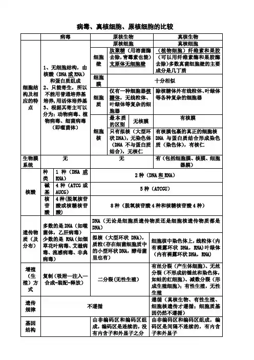 【表格比较】比较病毒、真核细胞、原核细胞