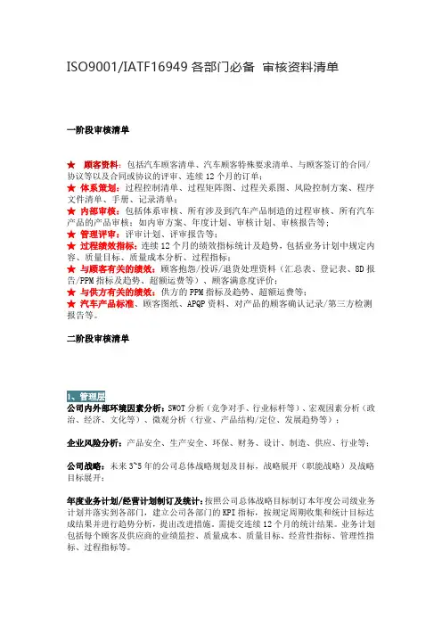 ISO9001IATF16949各部门必备 审核资料清单