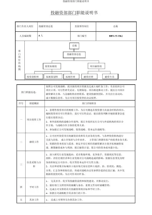 投融资部部门职能说明书