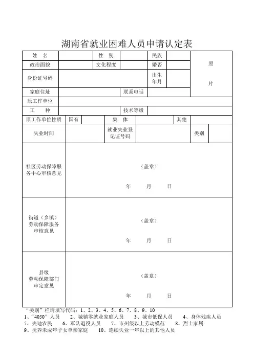 湖南省就业困难人员申请认定表