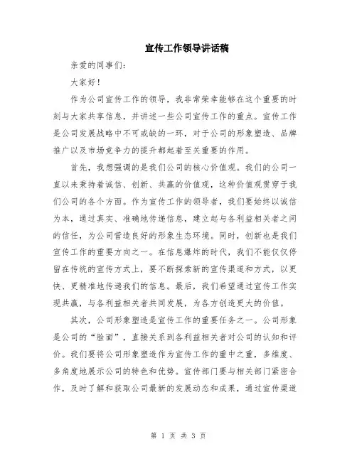 宣传工作领导讲话稿
