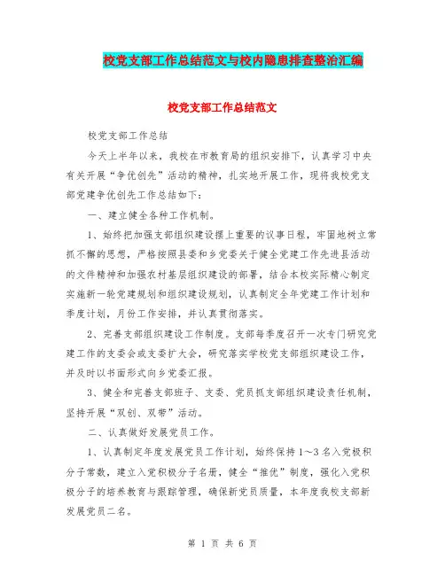 校党支部工作总结范文与校内隐患排查整治汇编.doc