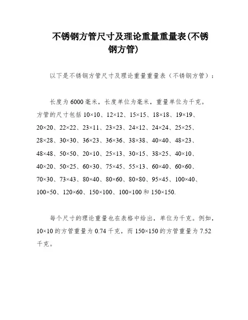 不锈钢方管尺寸及理论重量重量表(不锈钢方管)
