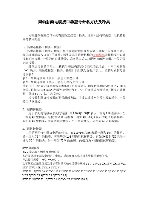 同轴射频电缆接口器型号命名方法及种类