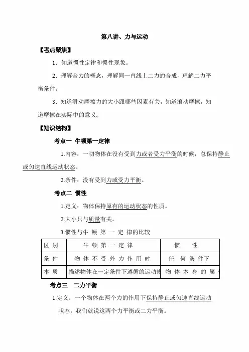 2020年中考物理大一轮总复习专题复习讲义：第八讲、力与运