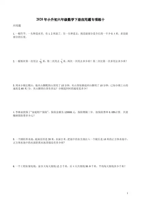 人教版2020年小升初六年级数学下册应用题专项练十附答案解析