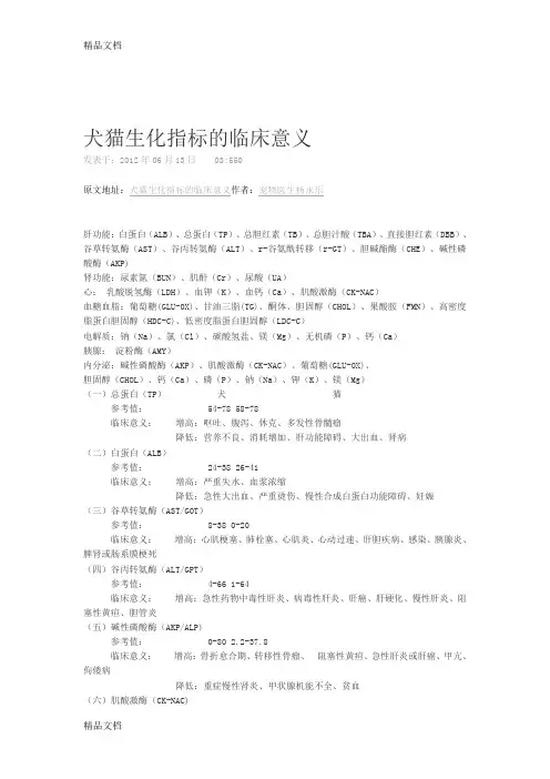 最新犬猫生化指标的临床意义资料