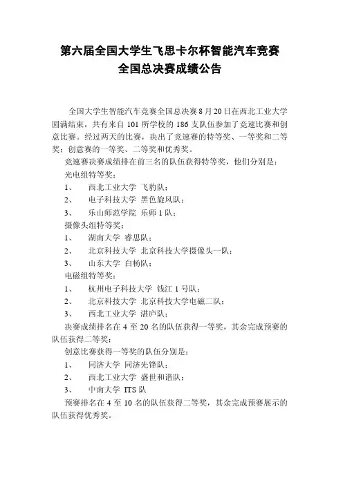 第六届全国大学生智能汽车竞赛分赛区比赛成绩