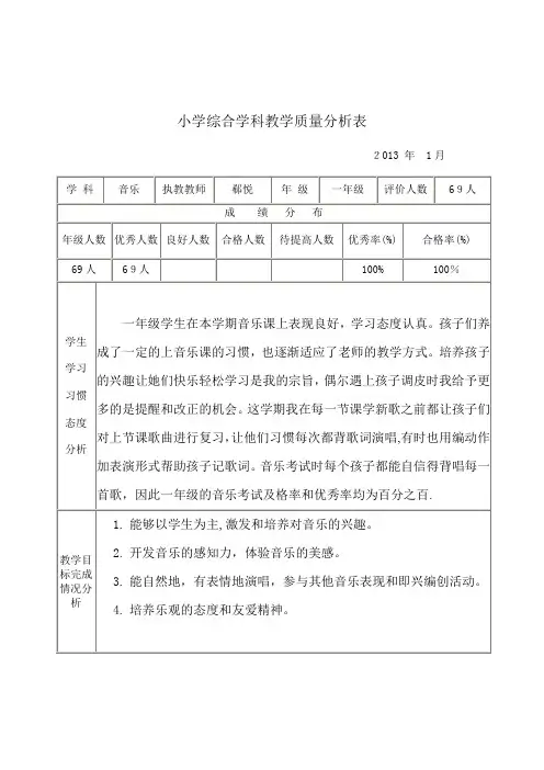 小学一年级音乐学科质量分析表