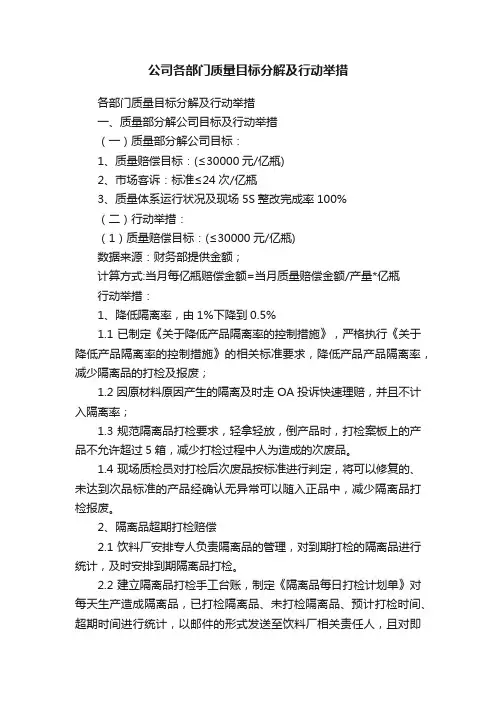 公司各部门质量目标分解及行动举措