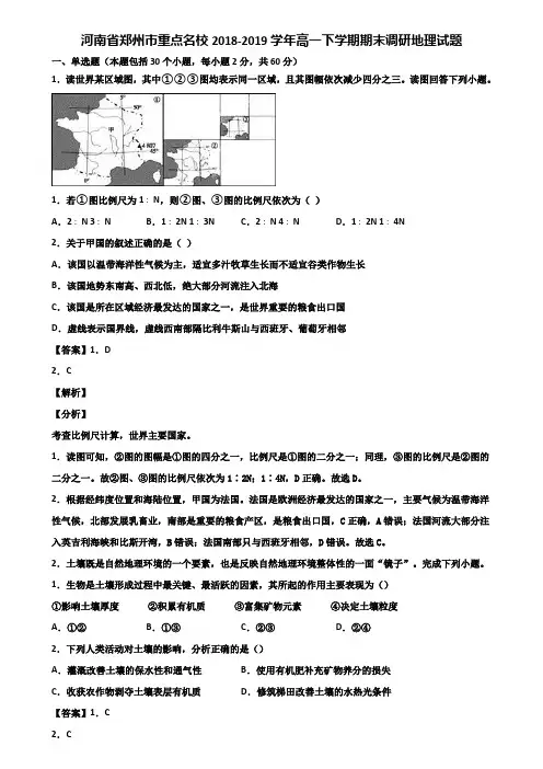 河南省郑州市重点名校2018-2019学年高一下学期期末调研地理试题含解析
