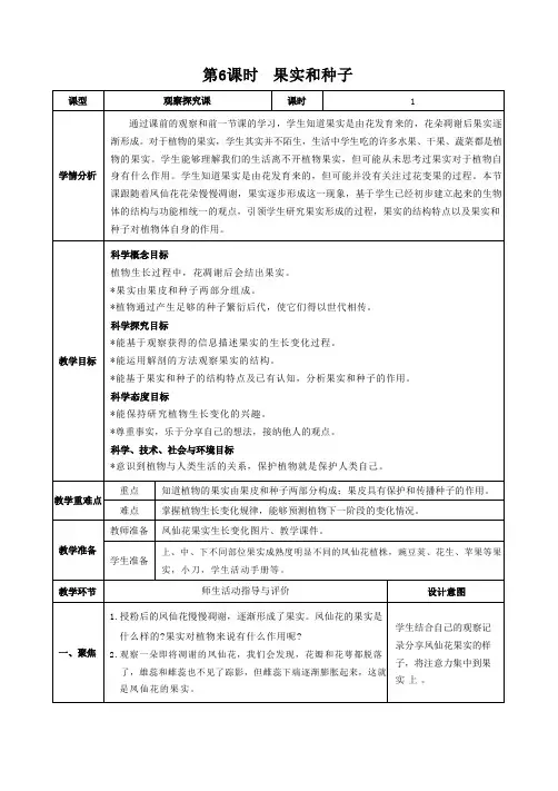 四年级科学下教案 第一单元  植物的生长变化 第6课时  果实和种子