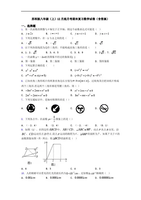 苏科版八年级(上)12月底月考期末复习数学试卷(含答案)
