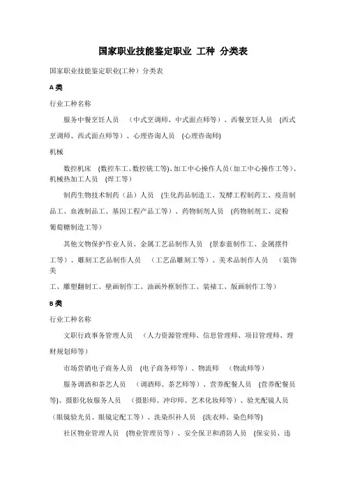 国家职业技能鉴定职业-工种-分类表
