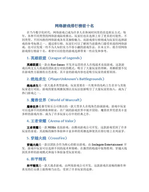 网络游戏排行榜前十名