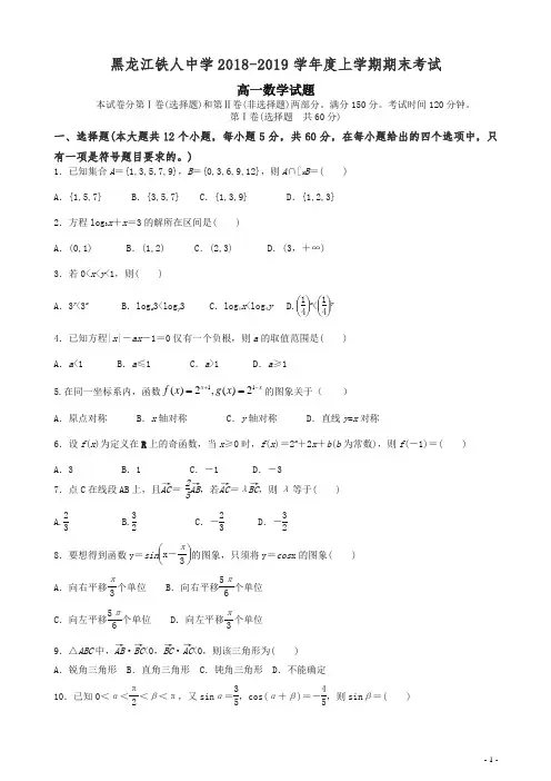 黑龙江大庆铁人中学高一数学上学期期末考试 .doc