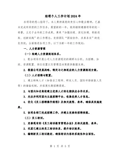 助理个人工作计划2024年（二篇）