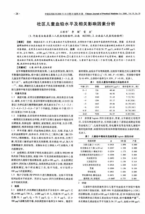 社区儿童血铅水平及相关影响因素分析