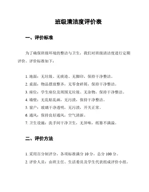 班级清洁度评价表