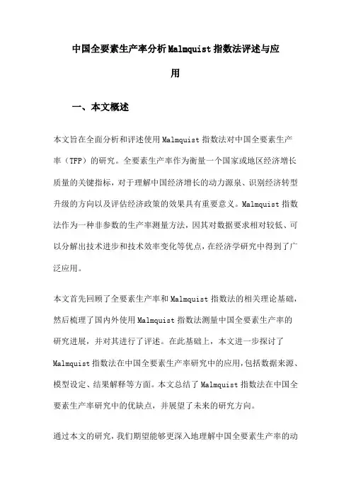 中国全要素生产率分析Malmquist指数法评述与应用