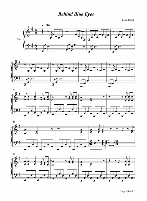 钢琴谱 Behind Blue Eyes-Tokio Hotel ft VIZE 五线谱_共7张