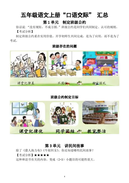 小学语文部编版五年级上册“口语交际” 汇总及范文示例