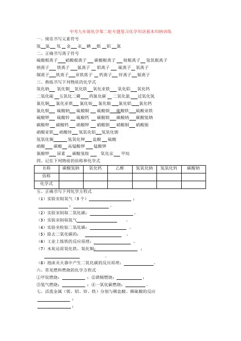 初中中考九年级化学第二轮专题复习化学用语基本归纳训练