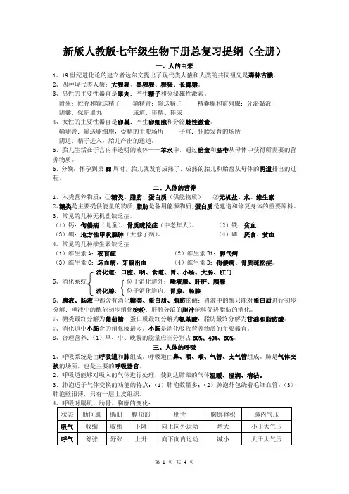 新版人教版七年级生物下册总复习提纲(全册)