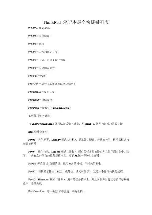 ThinkPad 笔记本最全快捷键列表