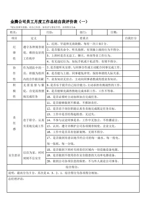 员工月度总结及自我评价表