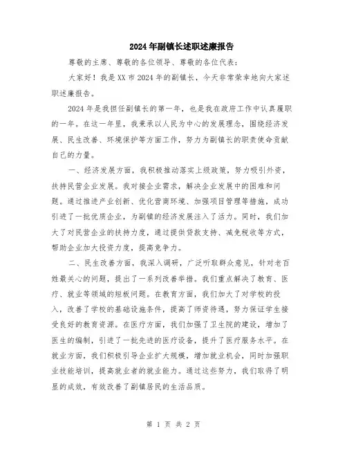 2024年副镇长述职述廉报告