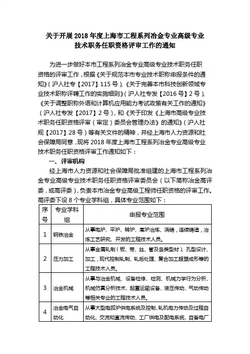 关于开展2018年度上海市工程系列冶金专业高级专业技术职务任职资格评审工作的通知