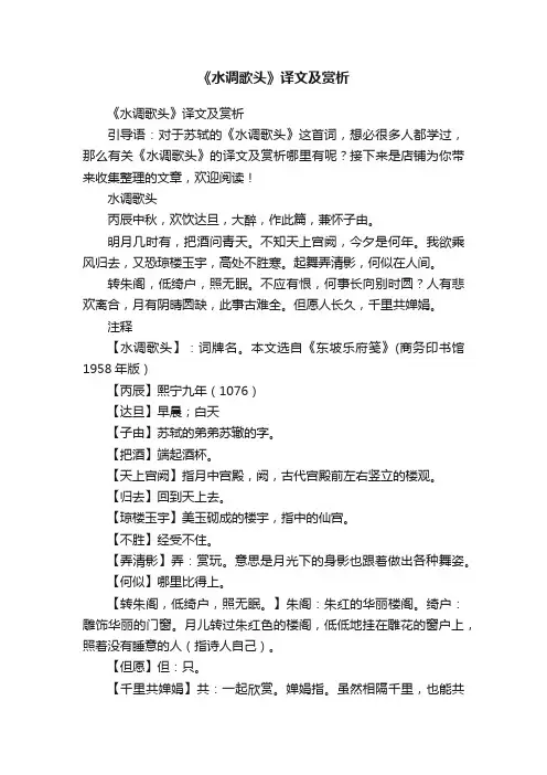 《水调歌头》译文及赏析