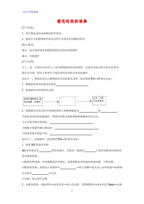 高中生物选修一学案12：3.1 菊花的组织培养